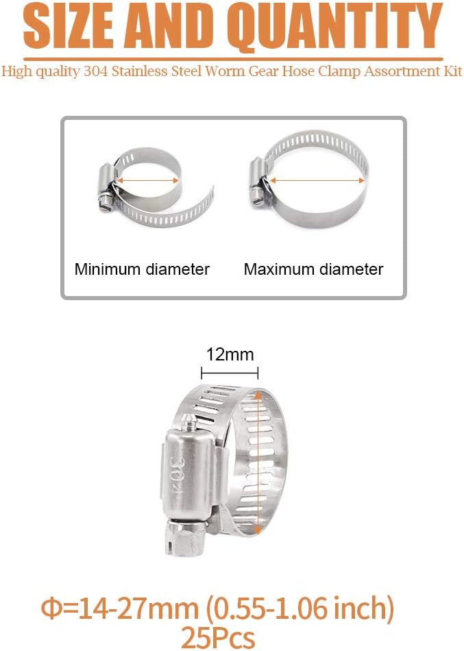 25Pcs Adjustable 304 Stainless Steel Worm Gear Hose Clamp Assortment Kit (18-32mm) U62803