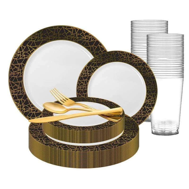 120 Settings White Black Gold Mosaic Rim Round Plastic Wedding Value Set I71272