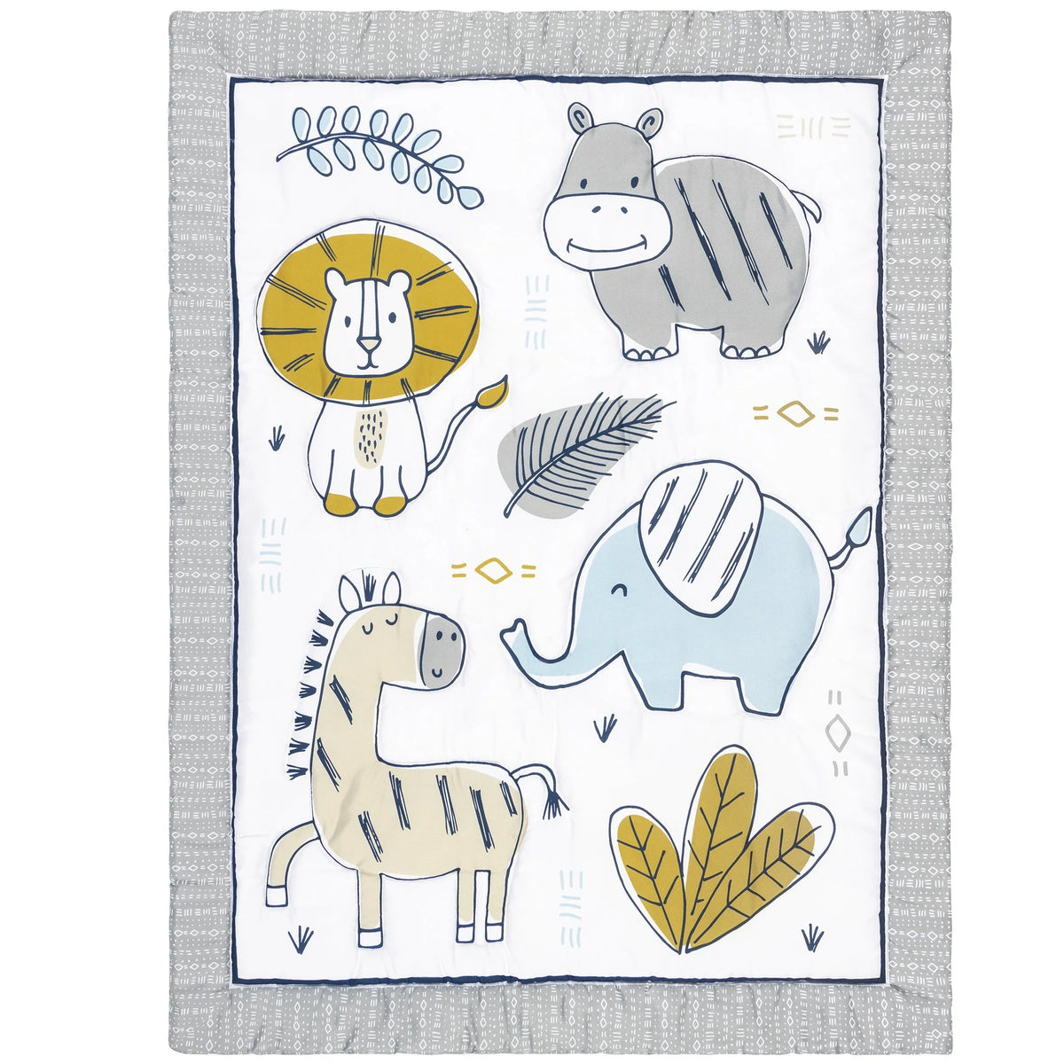 4 Piece Crib Bedding Set, White, Tan, Orange, Blue, Navy and Gray, 100% Microfiber, Polyester Fill, Quilt, Fitted Crib Sheet, Skirt and Plush Toy T963