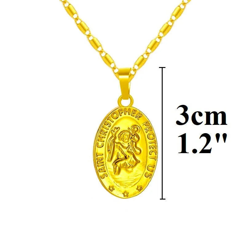 18k Gold Filled On Silver Saint Christopher Figaro Bar Chain Necklace W30103