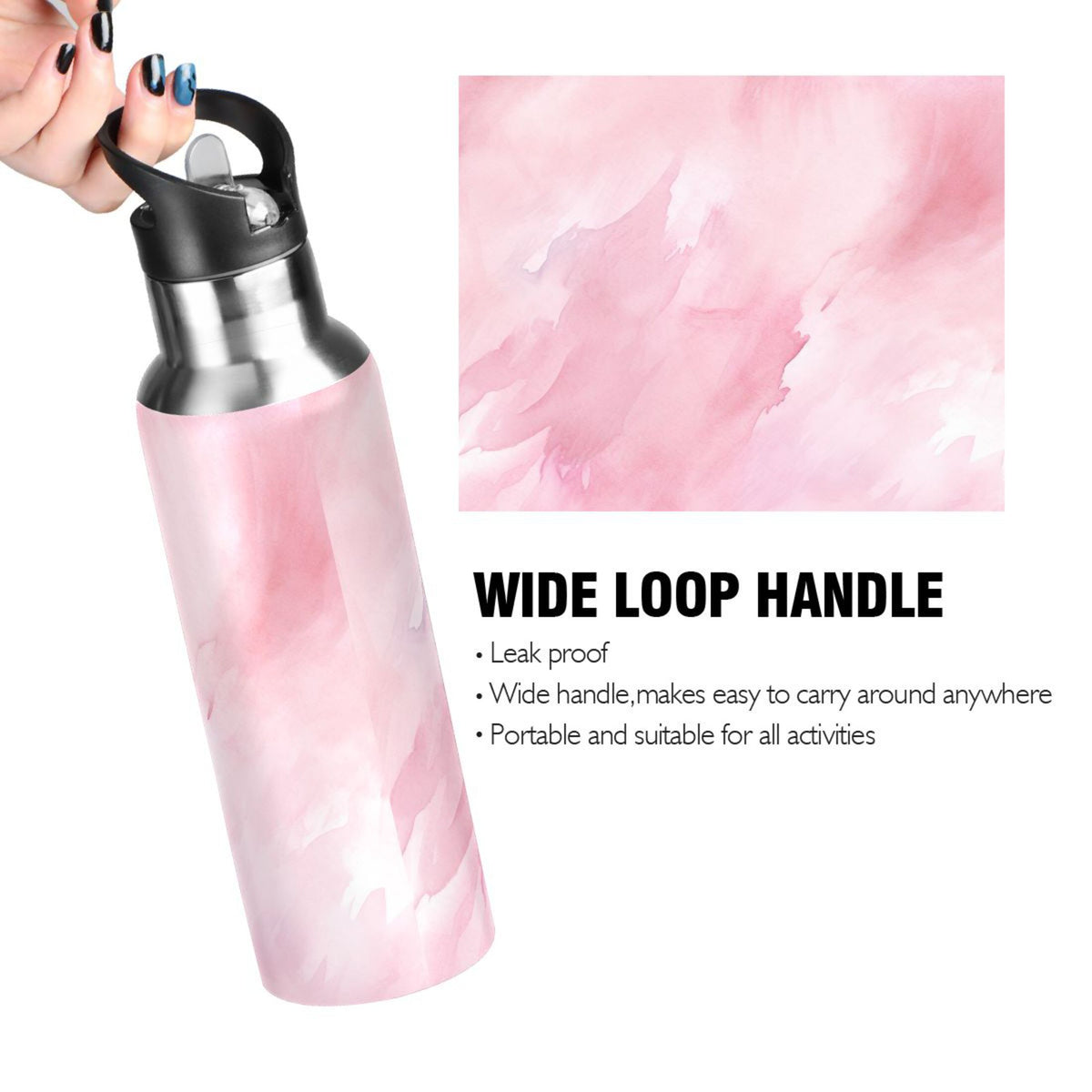 Pink Insulated Stainless Steel Water Bottle with Straw Lid 20 oz W64297
