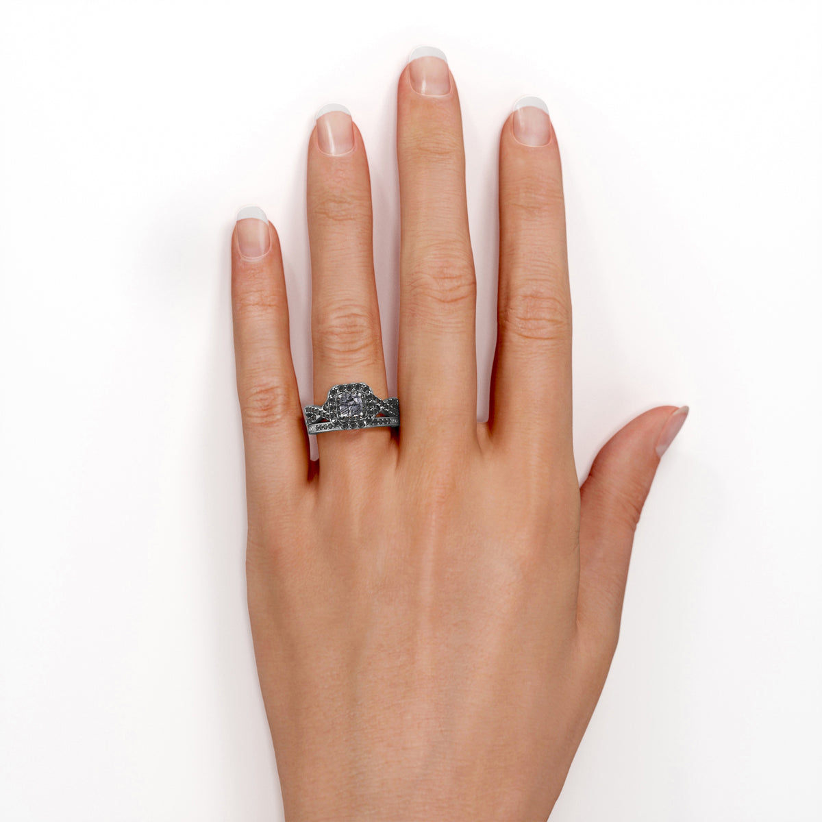18K White Gold Plated Bridal Set with Black Rutilated Quartz and Lab Created Black Diamond Z12524