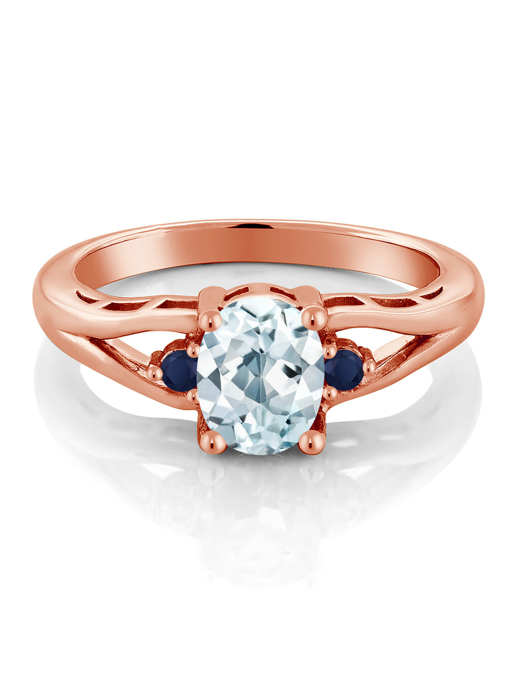 18K Rose Gold Plated Silver Sky Blue Aquamarine Blue Sapphire 3 Stone Engagement Ring Oval 8X6MM Round 2MM Size 7 Z482