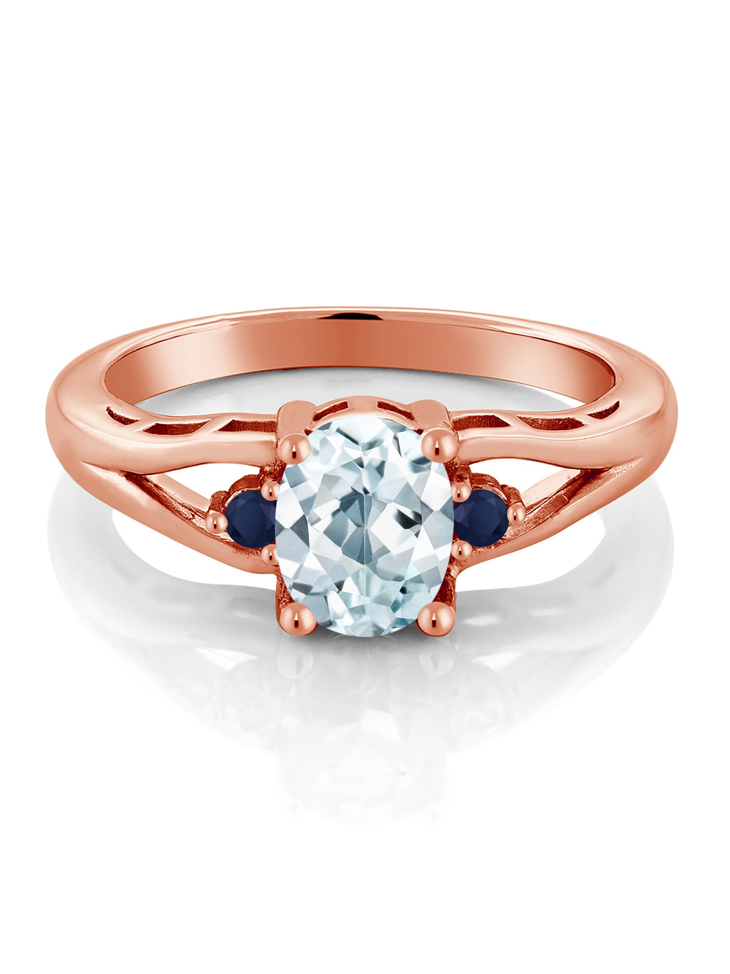 18K Rose Gold Plated Silver Sky Blue Aquamarine Blue Sapphire 3 Stone Engagement Ring Oval 8X6MM Round 2MM Size 7 Z482