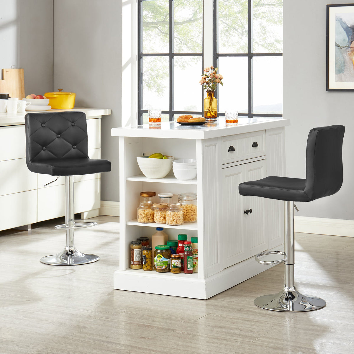 Set of 2 PU Leather Adjustable Swivel Bar Stools with Back, Black Y68210
