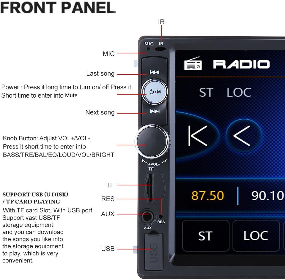 Double Din 7 Touchscreen Car Stereo with Bluetooth FM AM Radio MP3 USB AUX Rear View Camera E344553