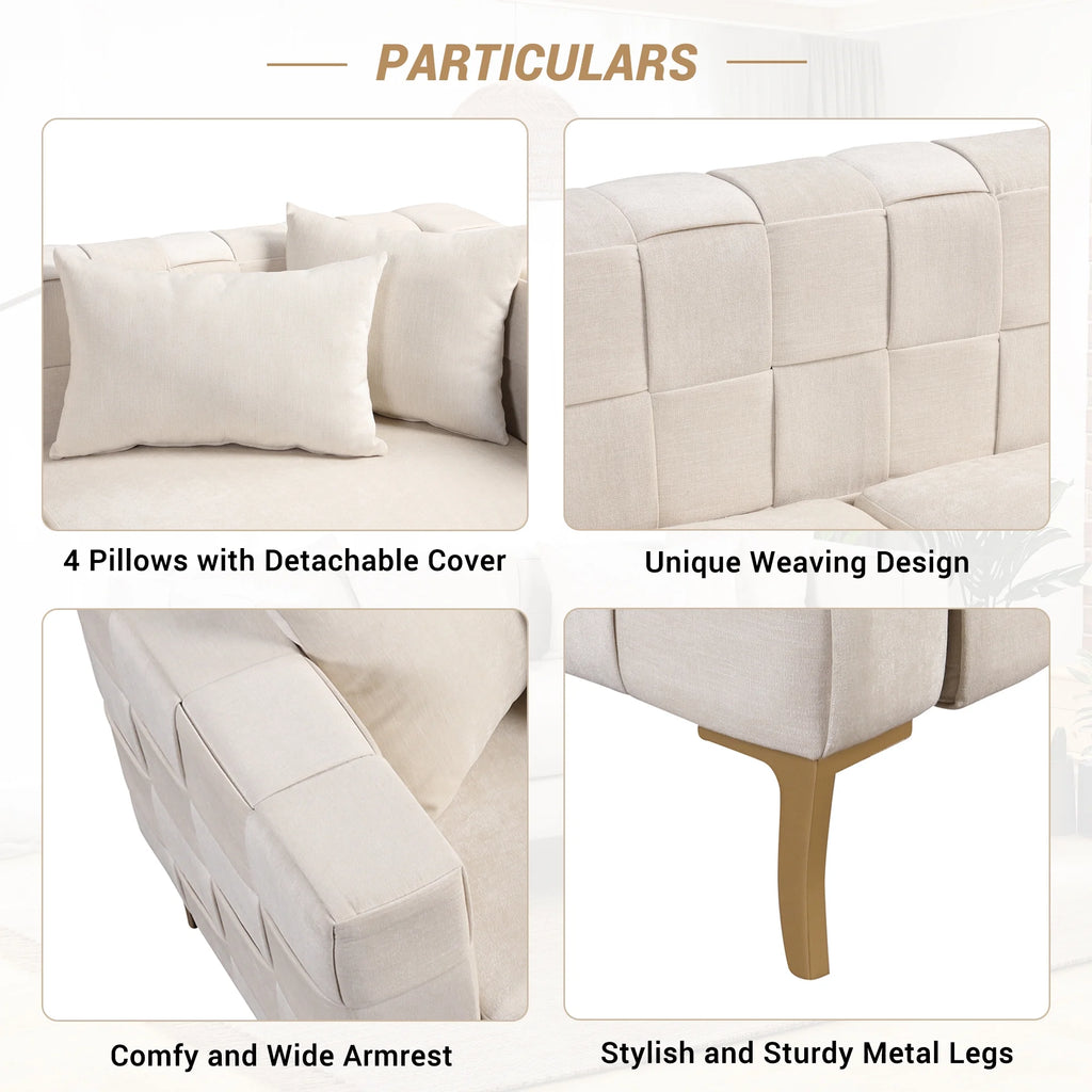 Beige Upholstered Sofa with 4 Pillows and Golden Metal Legs U1715