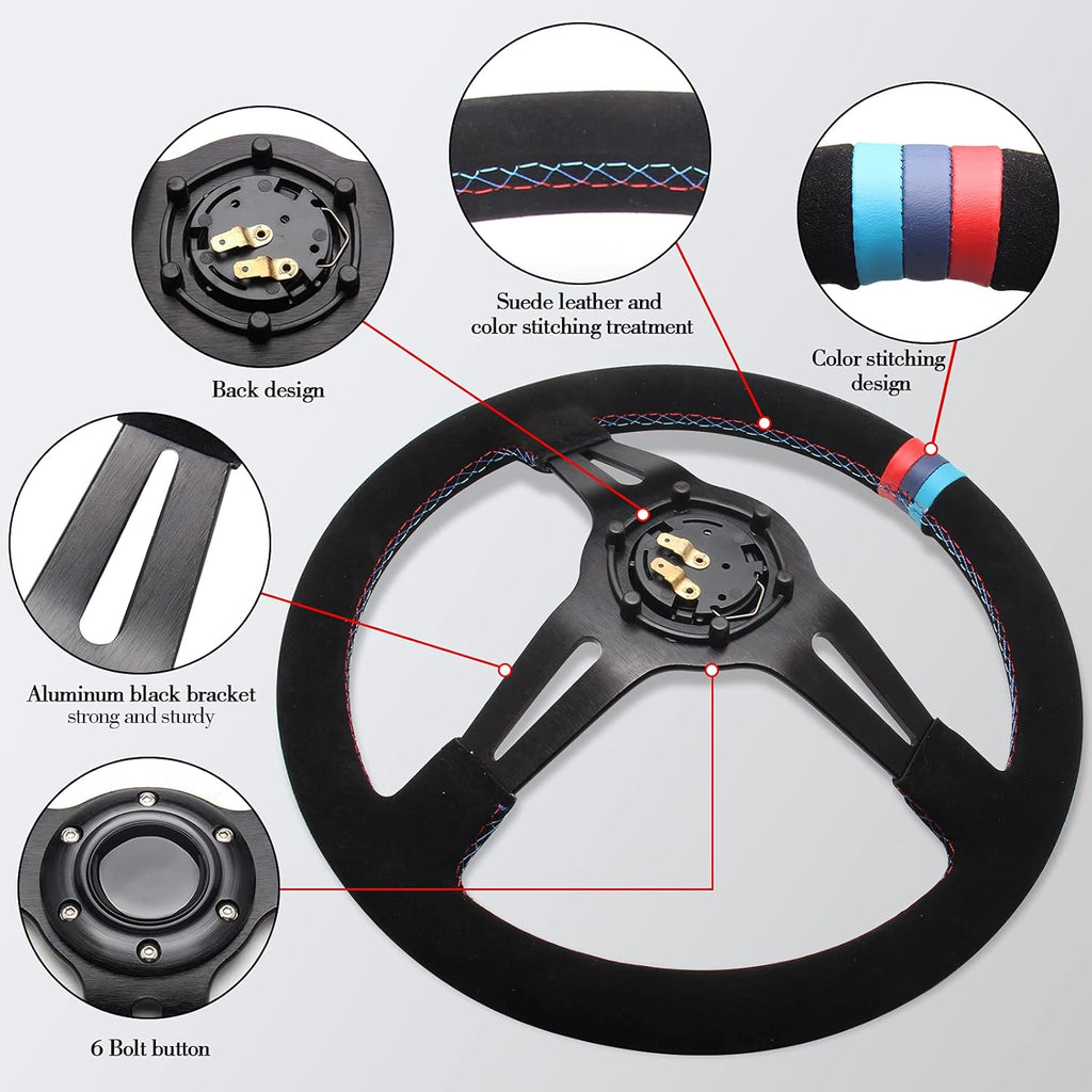 13.8 6 Bolt Suede Racing Steering Wheel with Horn Button W662