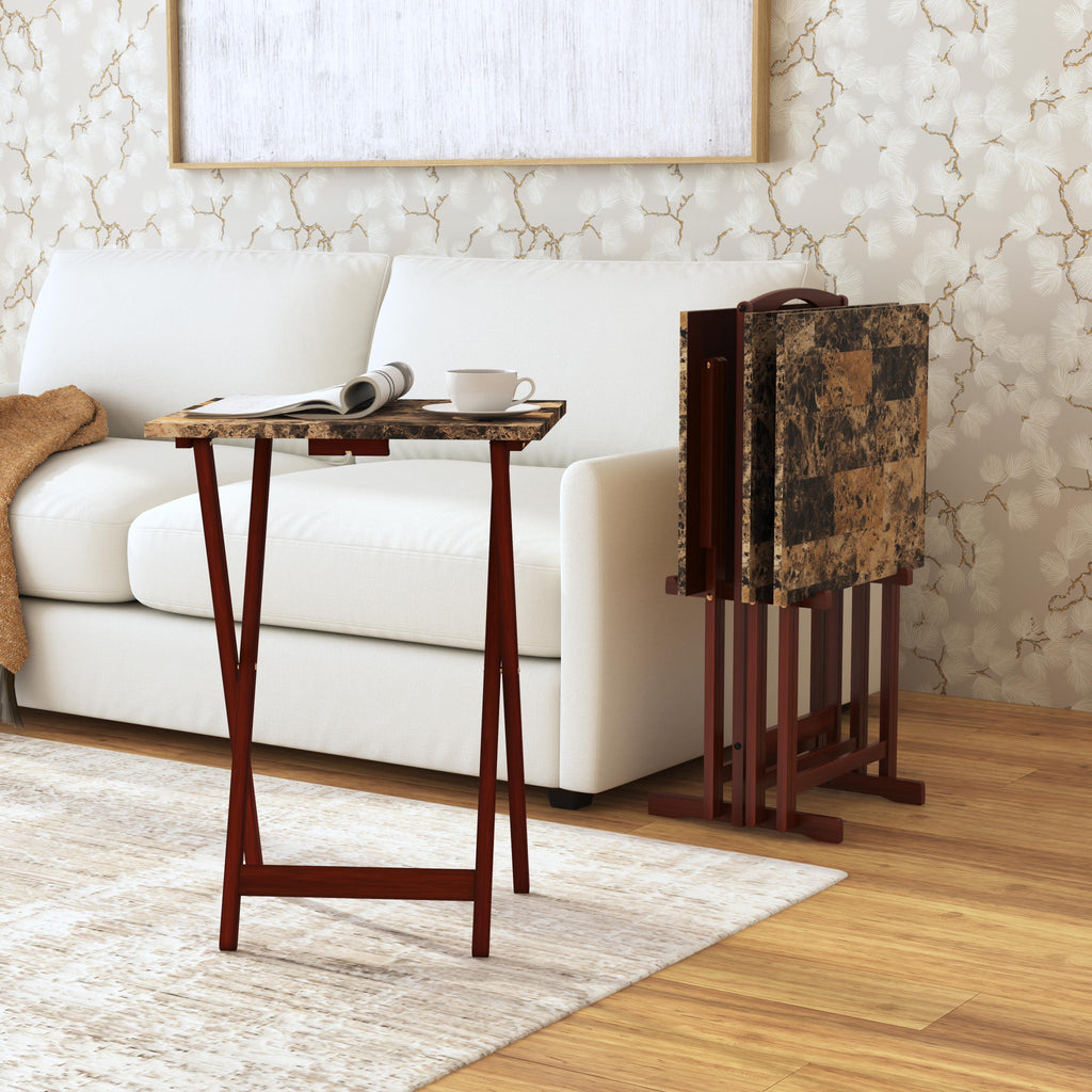 5-piece Faux Marble Folding Snack Tray Table Set D308170