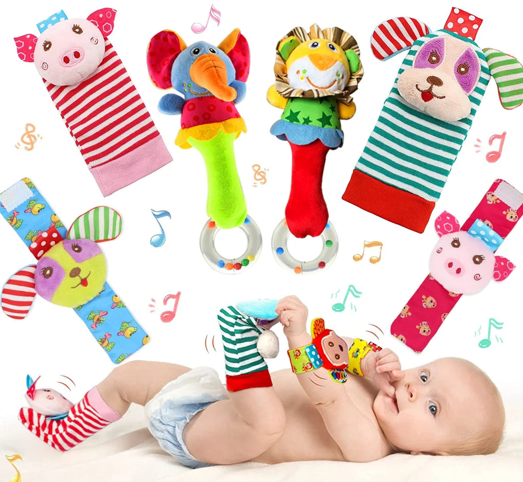 6 Pcs Baby Wrist Rattle & Foot Finder Socks Sensory Toys Soft Plush Animal Doll Newborn Gift N7141