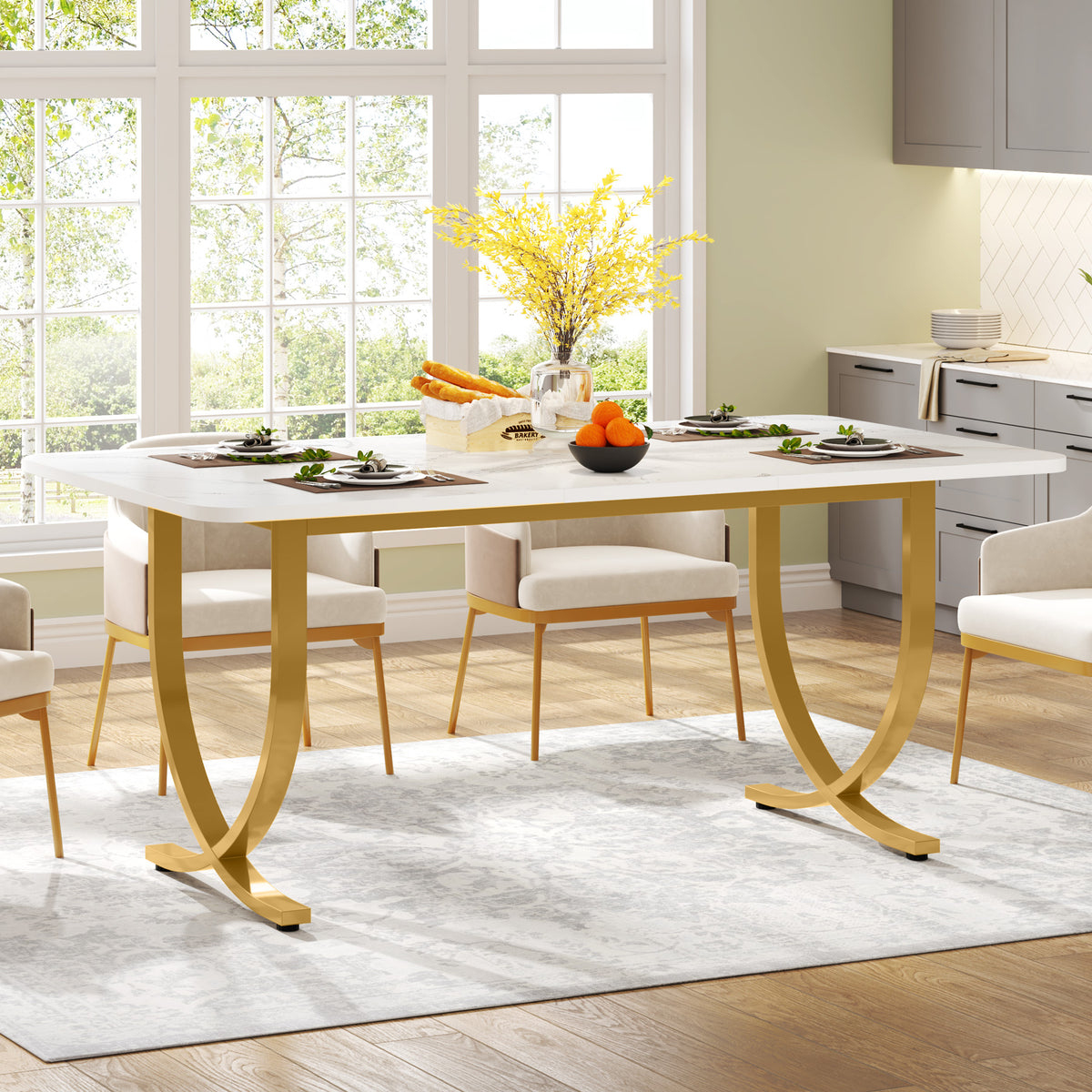 63 Inch Rectangular Faux Marble Dining Table with Metal Legs D34627