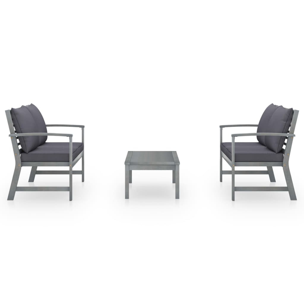 3 Piece Gray Acacia Wood Outdoor Patio Lounge Set with Cushions Q4509