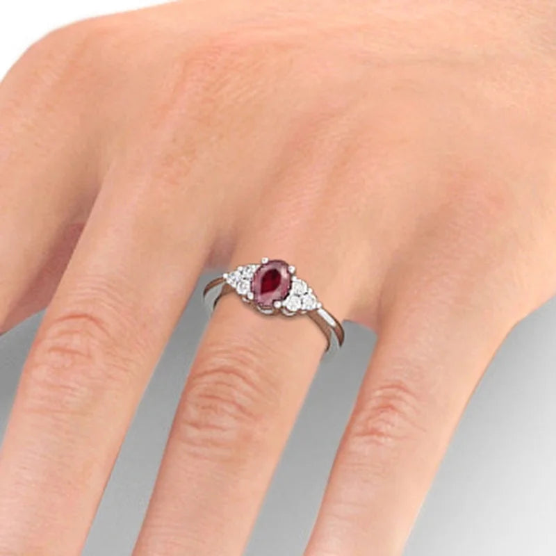 Oval Cut Red Ruby Diamond Solitaire Engagement Ring 14K White Gold Size 7.5 I138940