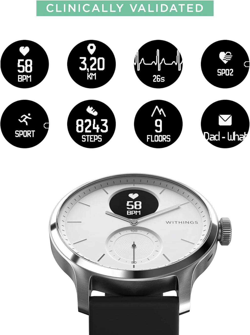 Hybrid Smartwatch with ECG, Heart Rate Sensor and Oximeter (White, 42mm) V7439