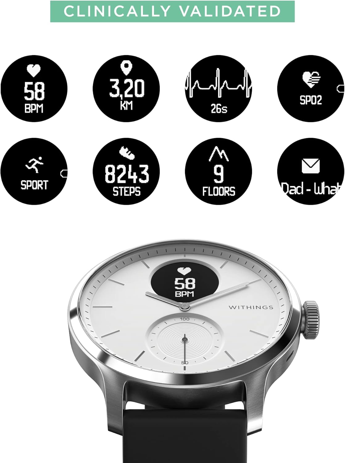 Hybrid Smartwatch with ECG, Heart Rate Sensor and Oximeter (White, 42mm) V7439