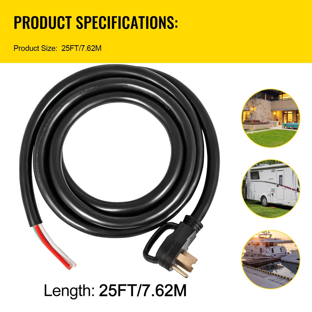 25' 50A RV Power Cord 6/3 + 8/1 AWG NEMA 14-50P to Bare Wire E8813