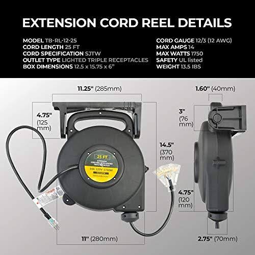 25 ft 12/3 Retractable Extension Cord Reel with 3 Electrical Outlet M763