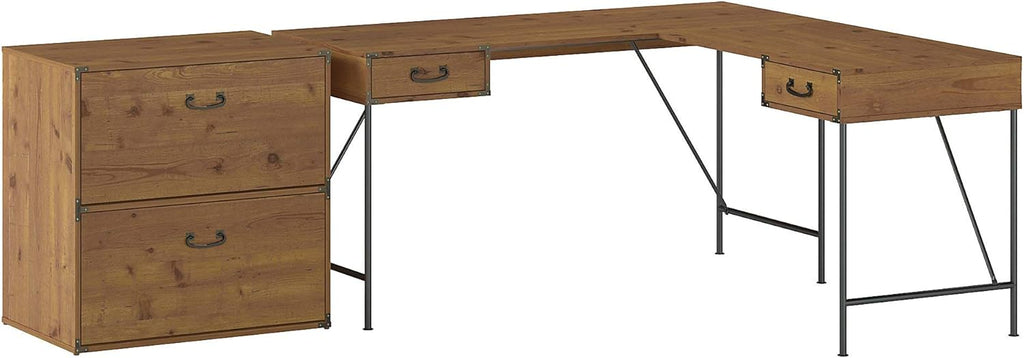 Vintage Golden Pine L Shaped Writing Desk with 2 Drawer Lateral File Cabinet J68868