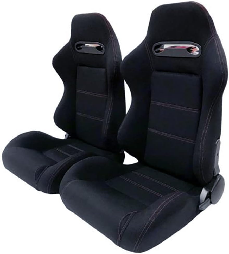 Racing Bucket Seats with Sliders Rails Red Stitch Black Cloth Set of 2 M735937