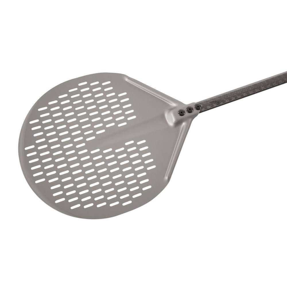 Carbon 16x22 Anodized Aluminum Round Perforated Pizza Peel with Handle A5082