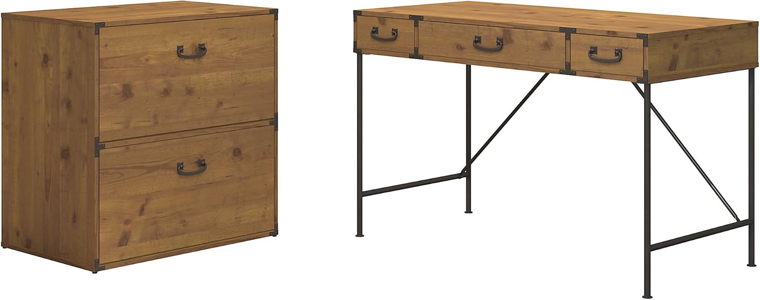 Vintage Golden Pine L Shaped Writing Desk with 2 Drawer Lateral File Cabinet J68868