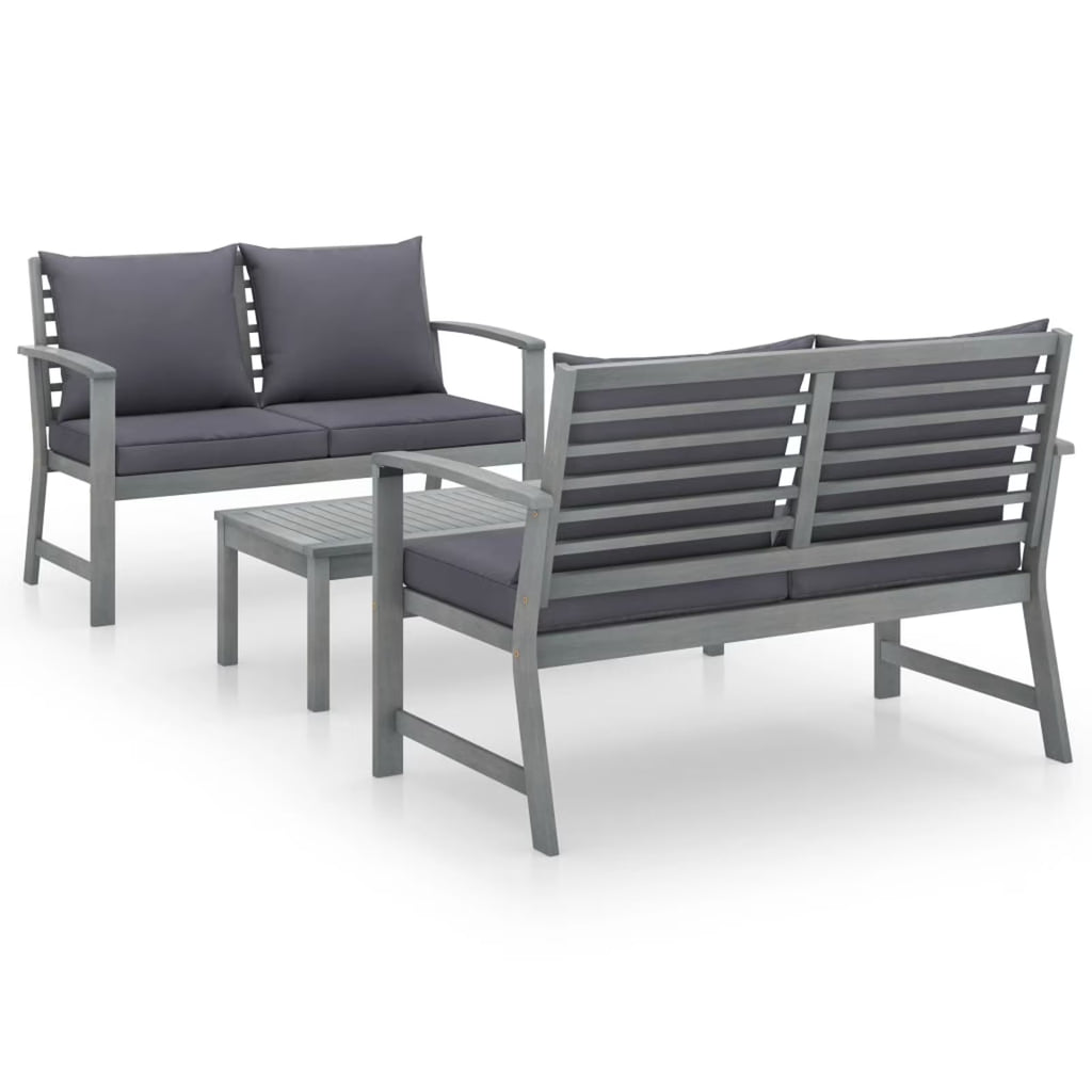 3 Piece Gray Acacia Wood Outdoor Patio Lounge Set with Cushions Q4509