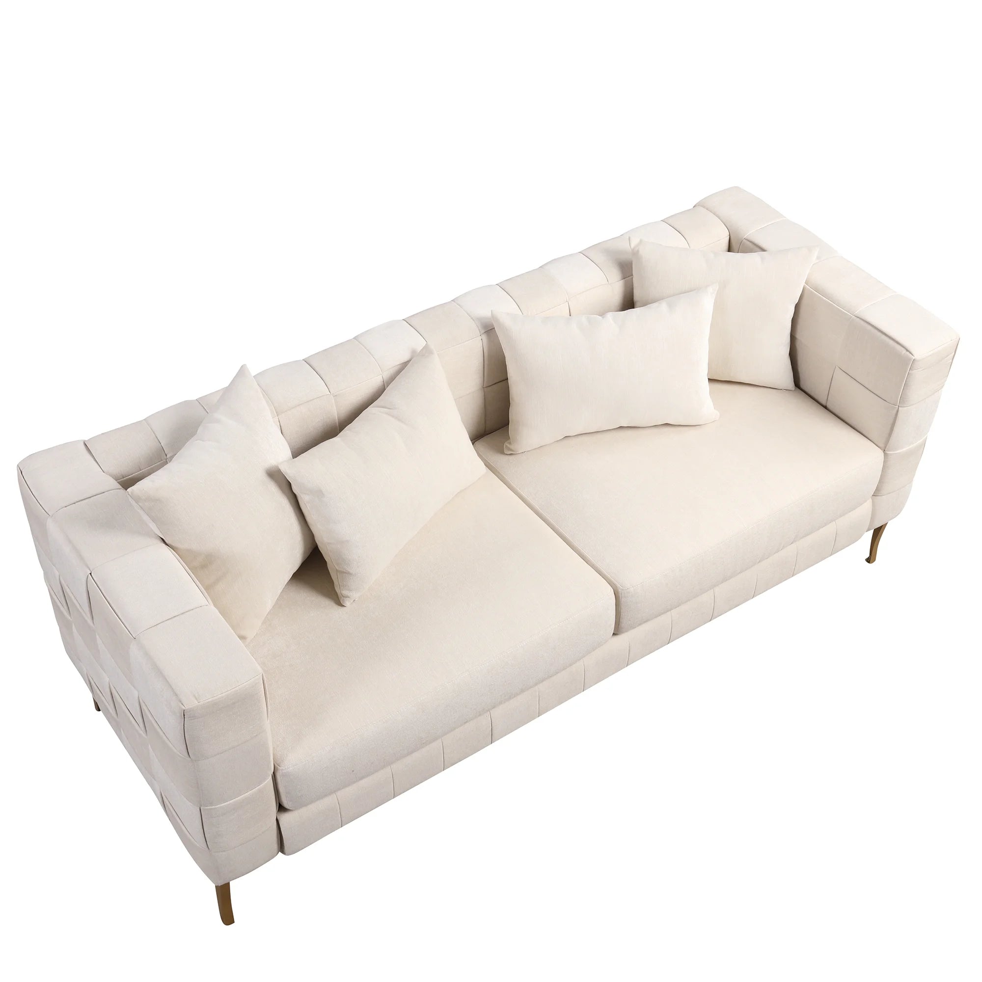 Beige Upholstered Sofa with 4 Pillows and Golden Metal Legs U1715
