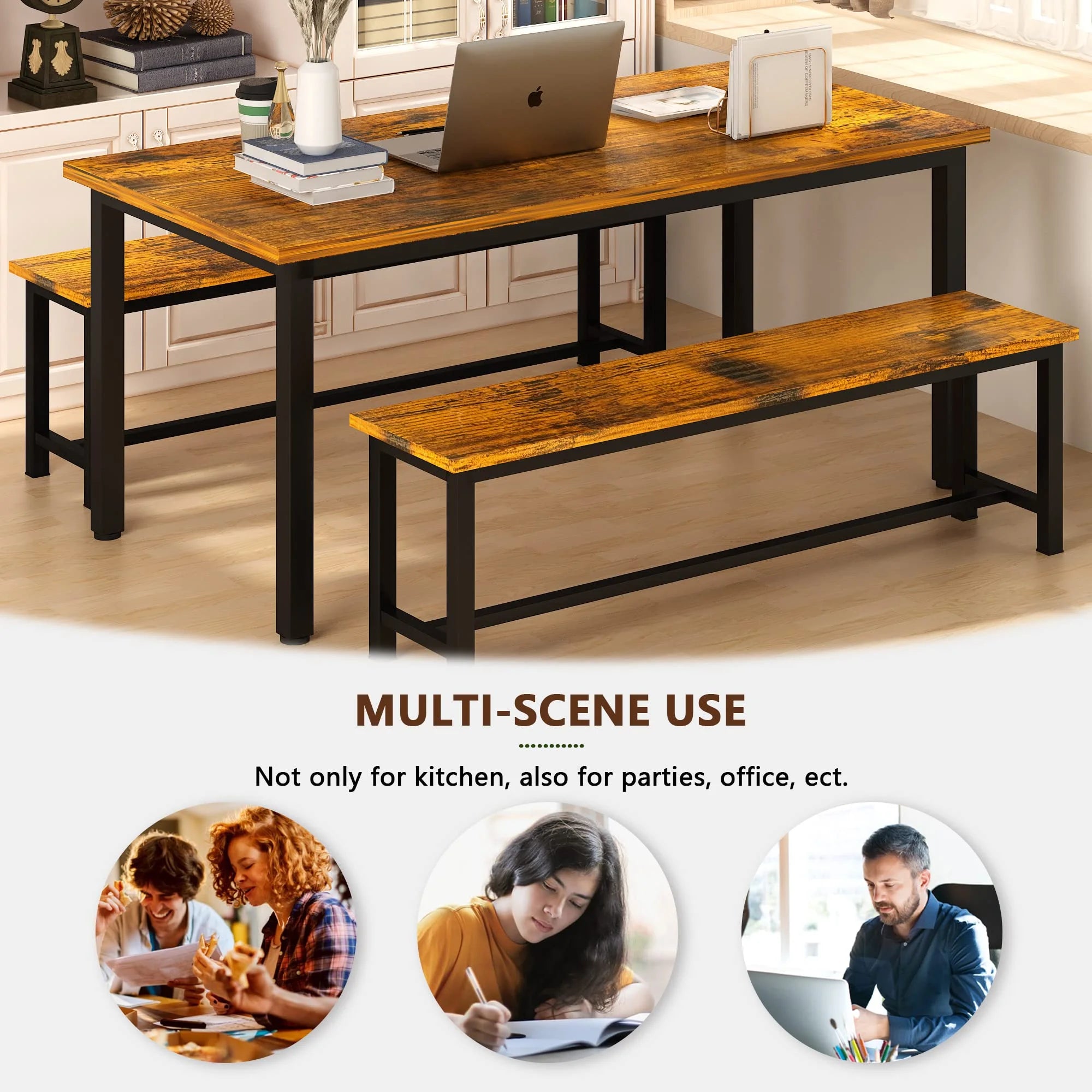 Rustic Brown 4 Person Kitchen Table Set with 2 Benches X696