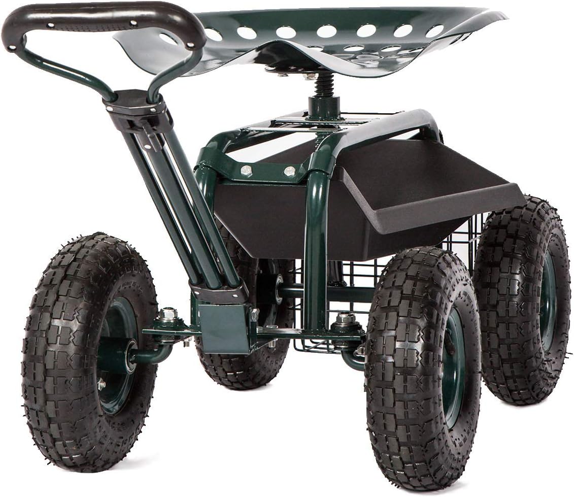 Red Garden Cart Wagon with Adjustable Handle 360 Degree Swivel Seat L77364