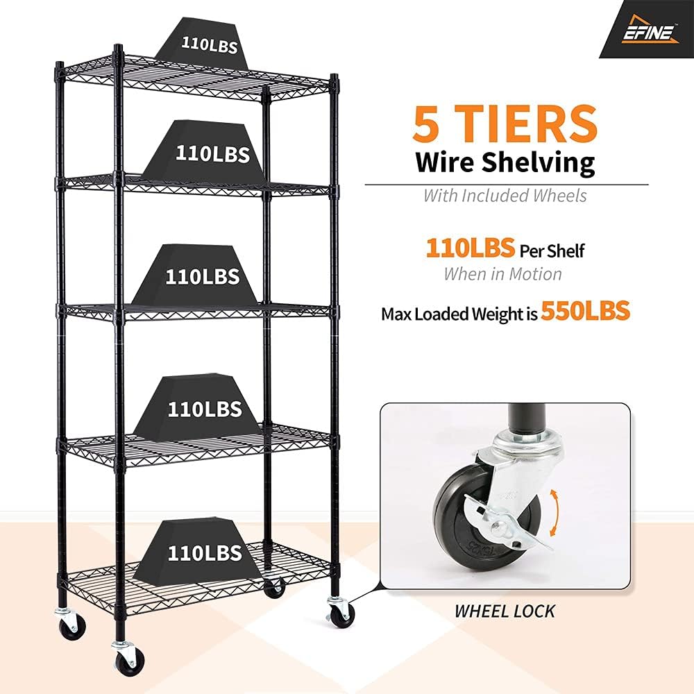 5-Shelf Adjustable Heavy Duty Carbon Steel Wire Shelving Unit Black R447