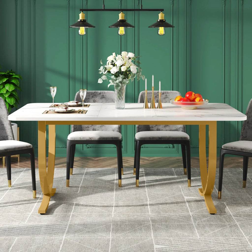 63 Inch Rectangular Faux Marble Dining Table with Metal Legs D34627