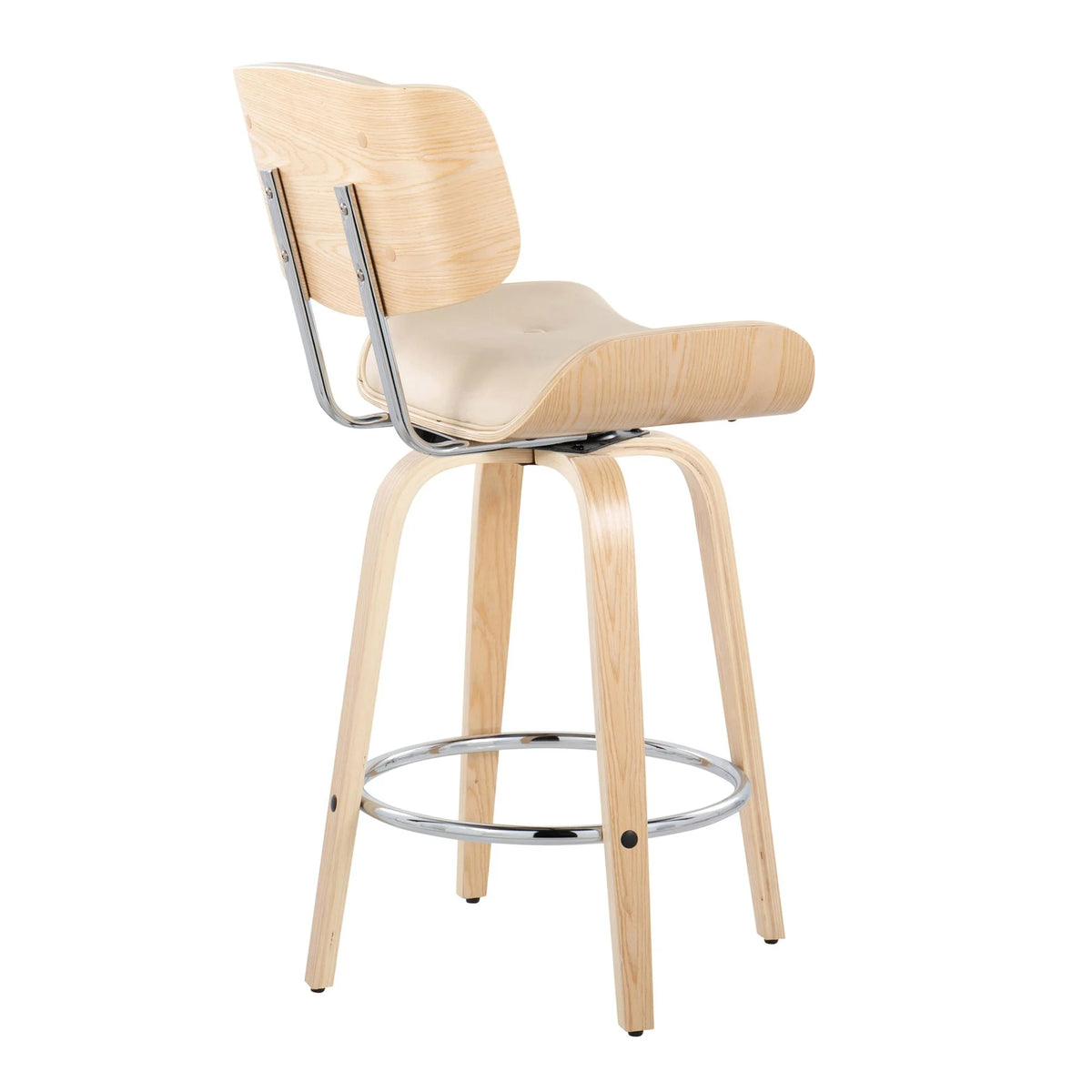 26" Mid-Century Modern Counter Stool with Swivel in Natural Wood and Cream Faux Leather with Round Chrome Metal Footrest - Set of 2 G7583
