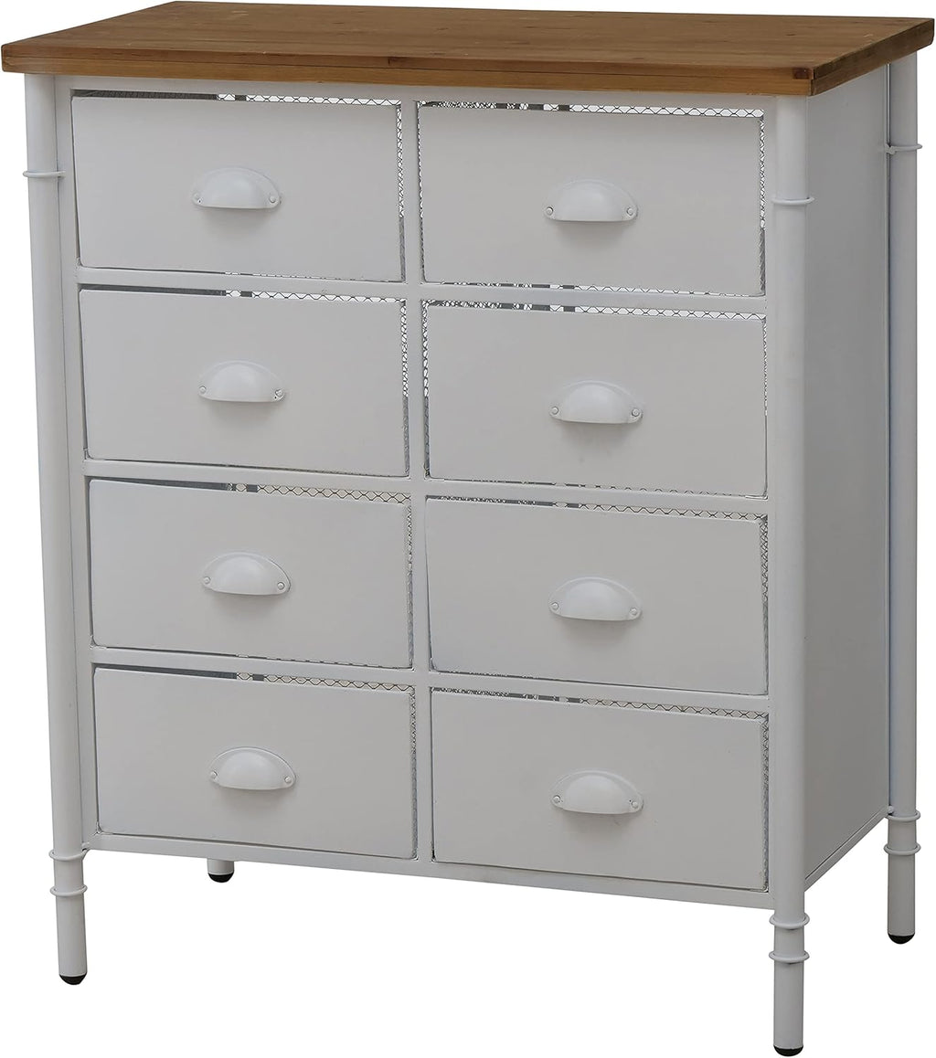 White 8 Drawer Accent Cabinet with Solid Wood Top and Metal Mesh Detailing H581