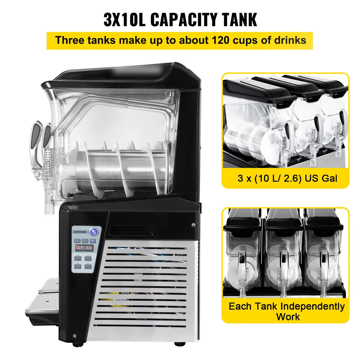 110V Commercial Slushy Machine 10L x 3 Tank Frozen Drink Machine 1250W Stainless Steel L513