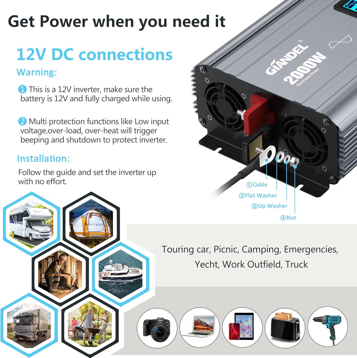 2000W Pure Sine Wave Power Inverter DC 12V to AC 120V with LCD Display Remote Controller Dual 2.4A USB Ports V7886