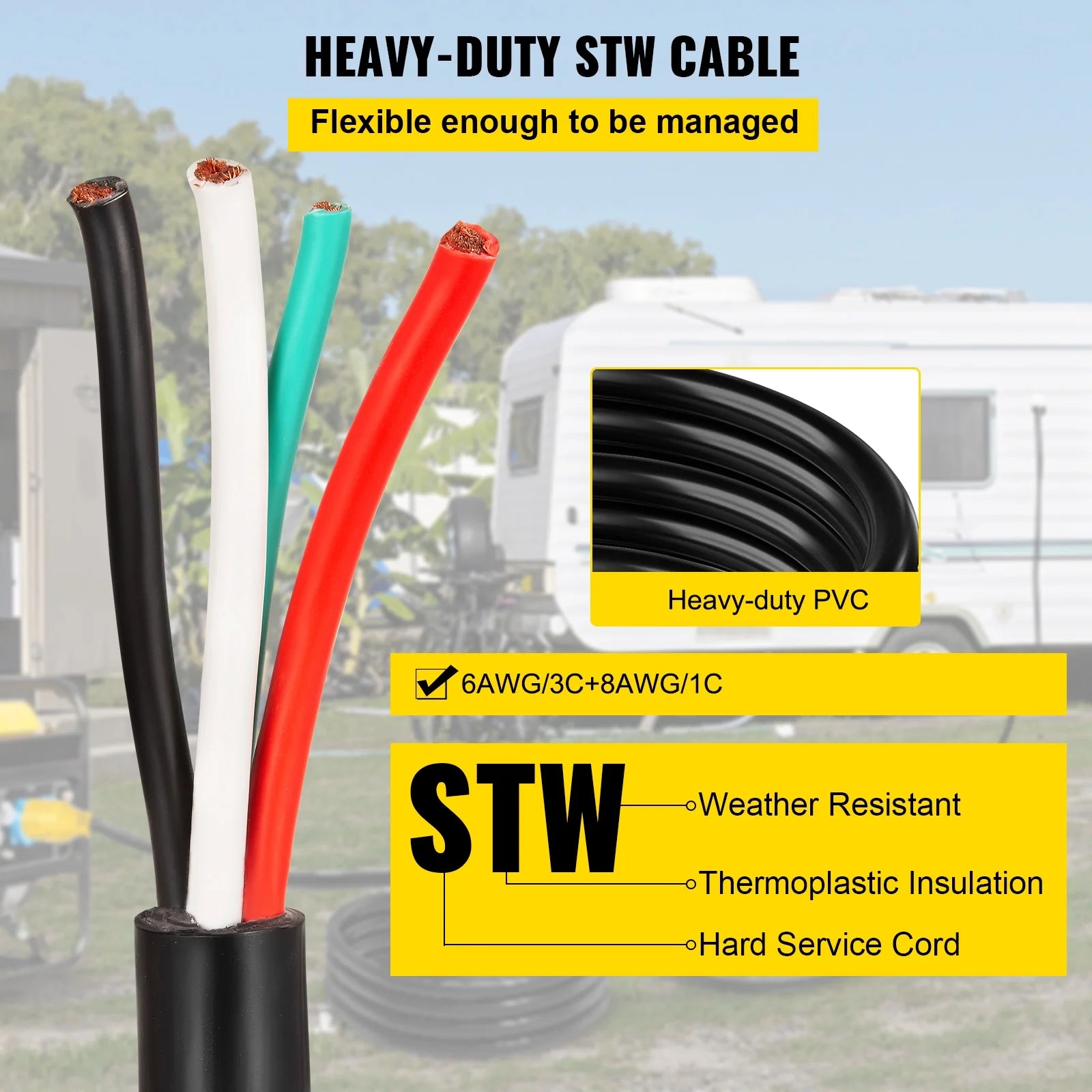 25' 50A RV Power Cord 6/3 + 8/1 AWG NEMA 14-50P to Bare Wire E8813