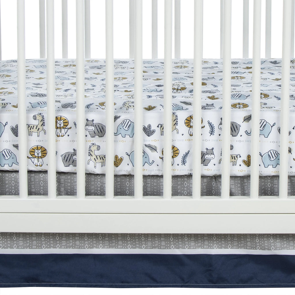4 Piece Crib Bedding Set, White, Tan, Orange, Blue, Navy and Gray, 100% Microfiber, Polyester Fill, Quilt, Fitted Crib Sheet, Skirt and Plush Toy T963