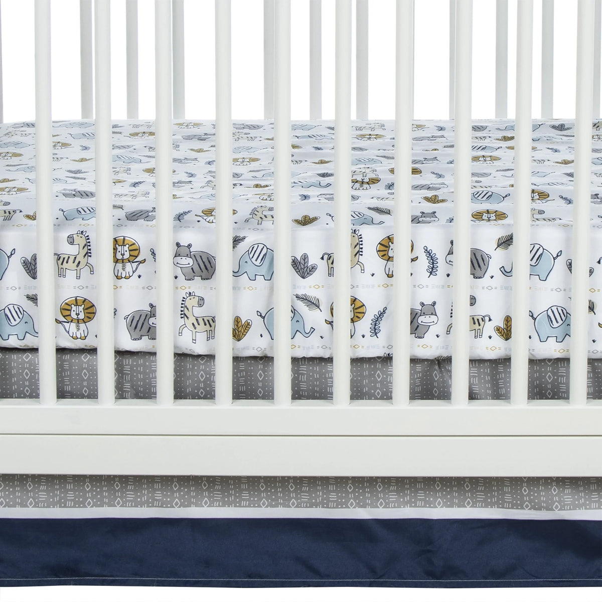 4 Piece Crib Bedding Set, White, Tan, Orange, Blue, Navy and Gray, 100% Microfiber, Polyester Fill, Quilt, Fitted Crib Sheet, Skirt and Plush Toy T963
