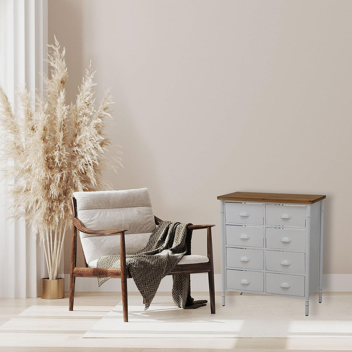White 8 Drawer Accent Cabinet with Solid Wood Top and Metal Mesh Detailing H581