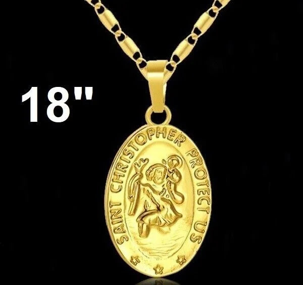18k Gold Filled On Silver Saint Christopher Figaro Bar Chain Necklace W30103