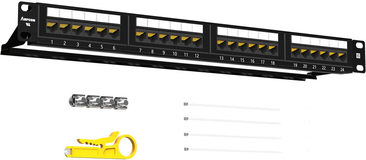 CAT6 24 Ports Patch Panel, Rack Mount, 1U, 19 inch, RJ45 Ethernet, 15u Gold Plated, Pack of 2 B7501