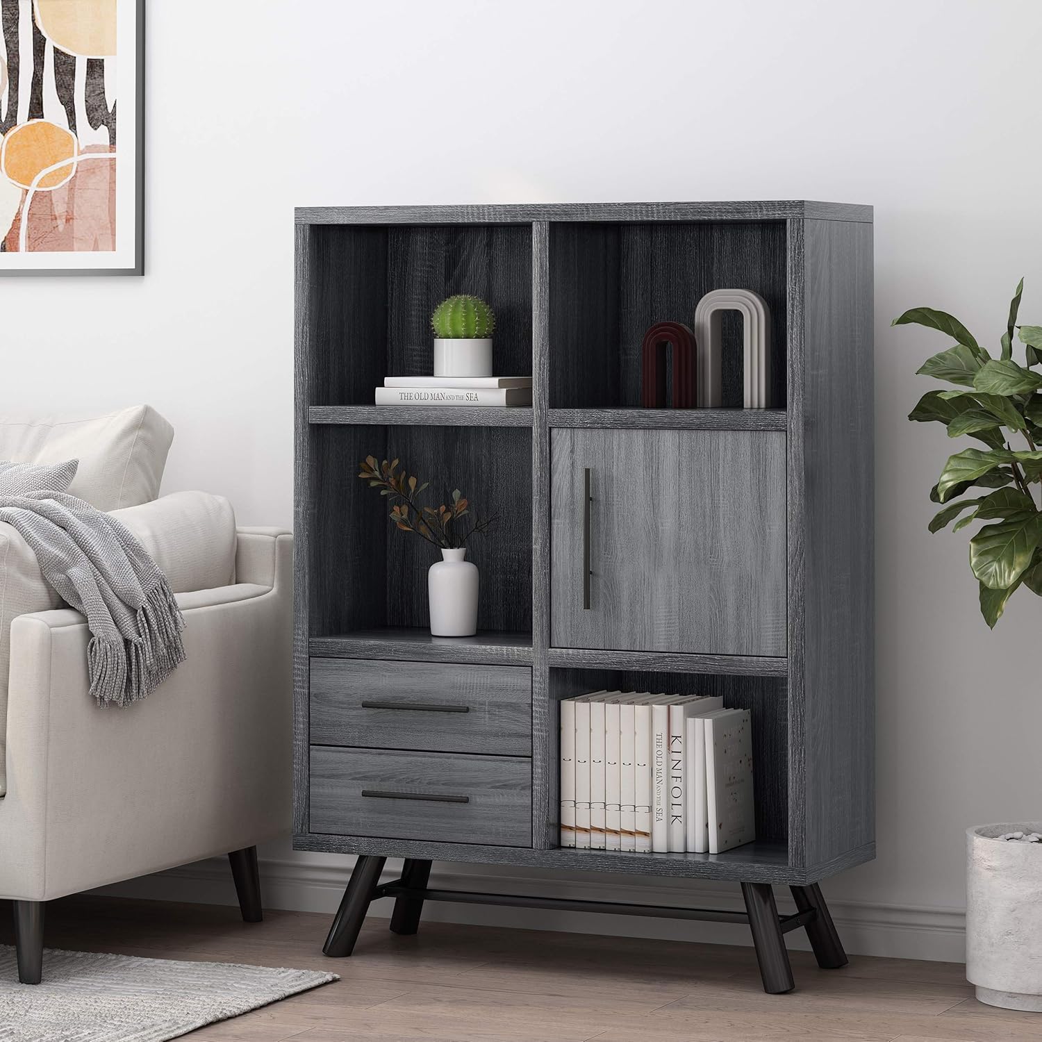 6 Shelf Multi-Functional Cabinet, Sonoma Oak + Black F398941