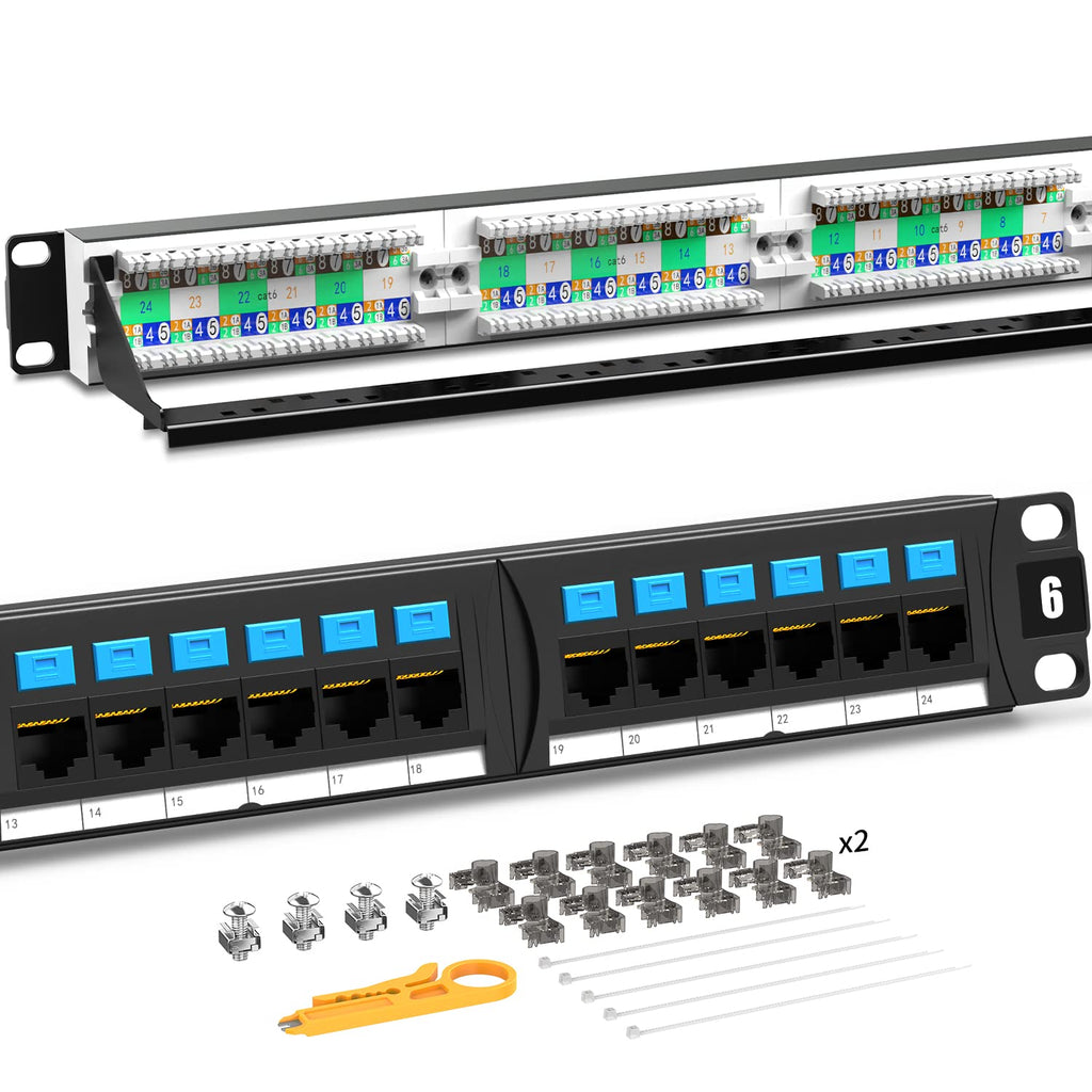 CAT6 24 Ports Patch Panel, Rack Mount, 1U, 19 inch, RJ45 Ethernet, 15u Gold Plated, Pack of 2 B7501