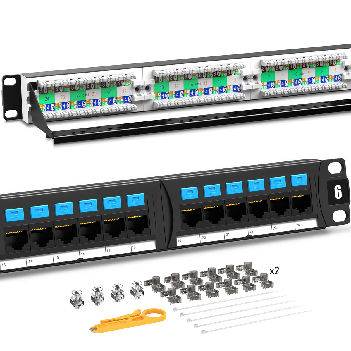 CAT6 24 Ports Patch Panel, Rack Mount, 1U, 19 inch, RJ45 Ethernet, 15u Gold Plated, Pack of 2 B7501