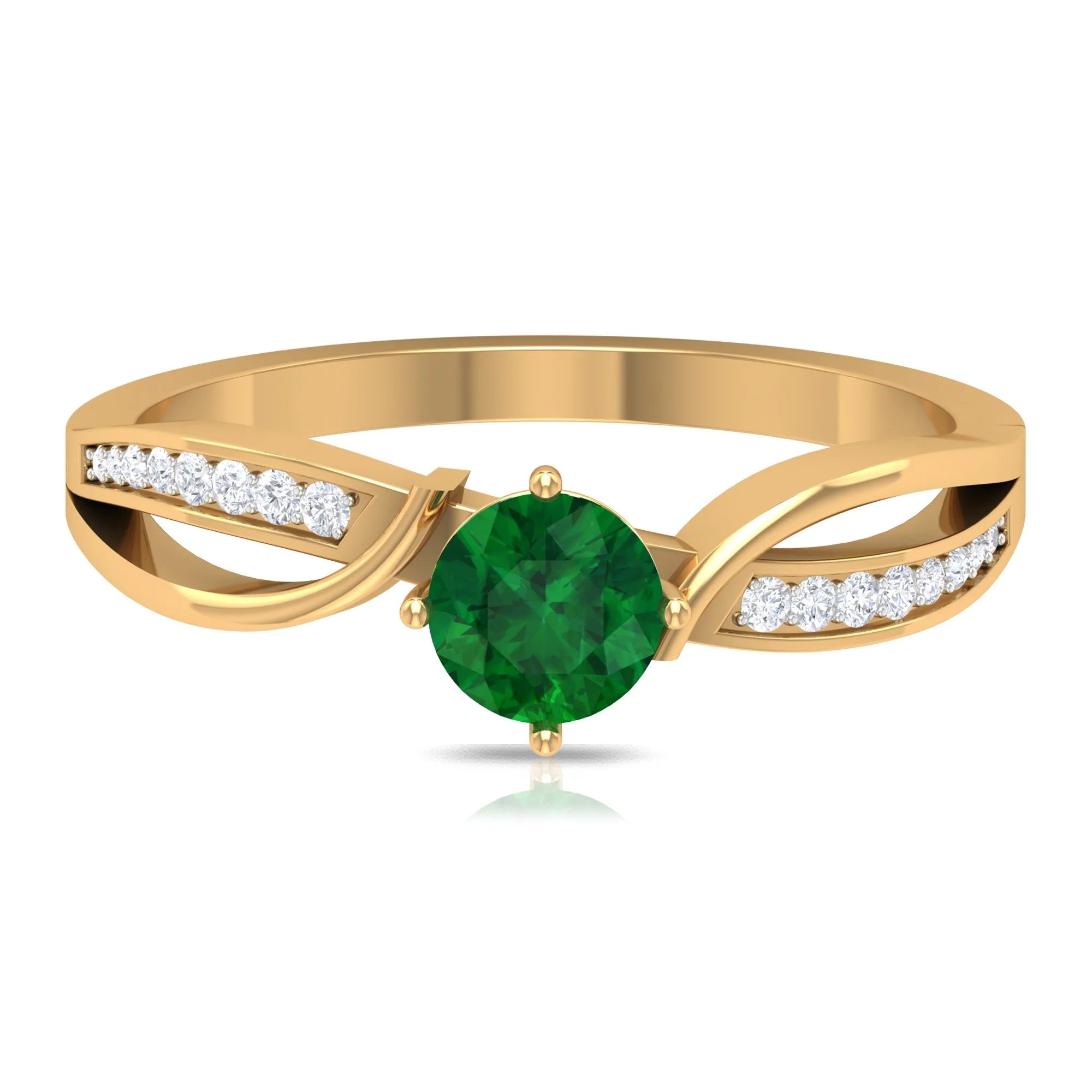 10K Yellow Gold Natural Emerald Solitaire Ring with Diamond Accent Q4819