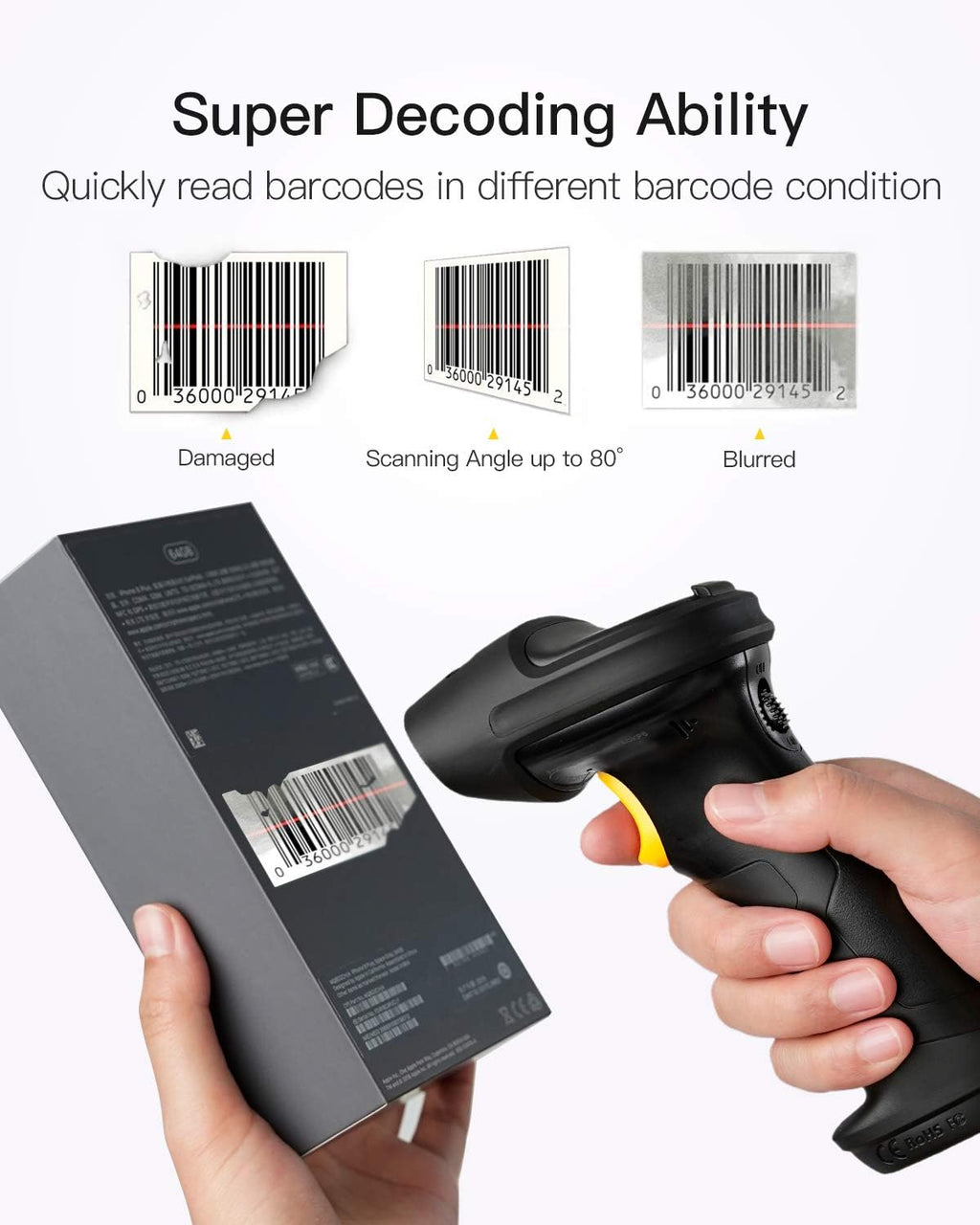 Wireless Barcode Scanner, 2600mAh Battery, 35M Range, Black Pack of 2 B414863