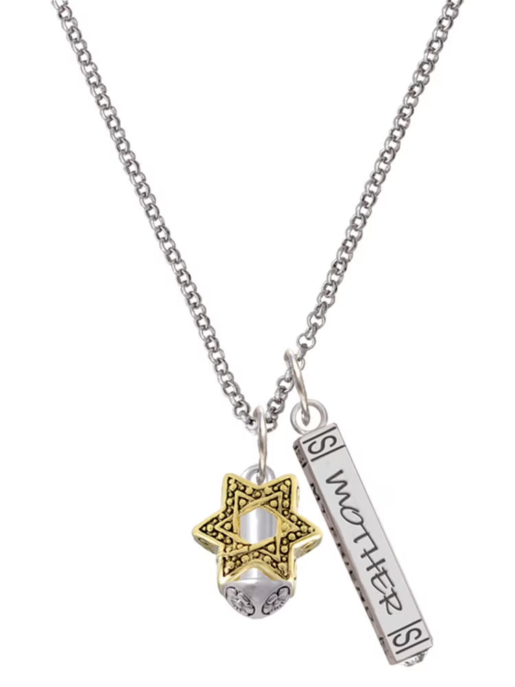 Goldtone Silvertone Star of David Spinner Mother Daughter Bar Charm Necklace, 23" O943002