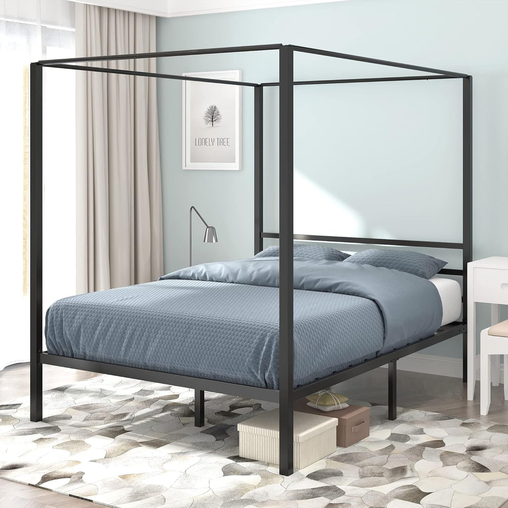 Queen Size Metal Canopy Bed Frame with Built-in Headboard P342