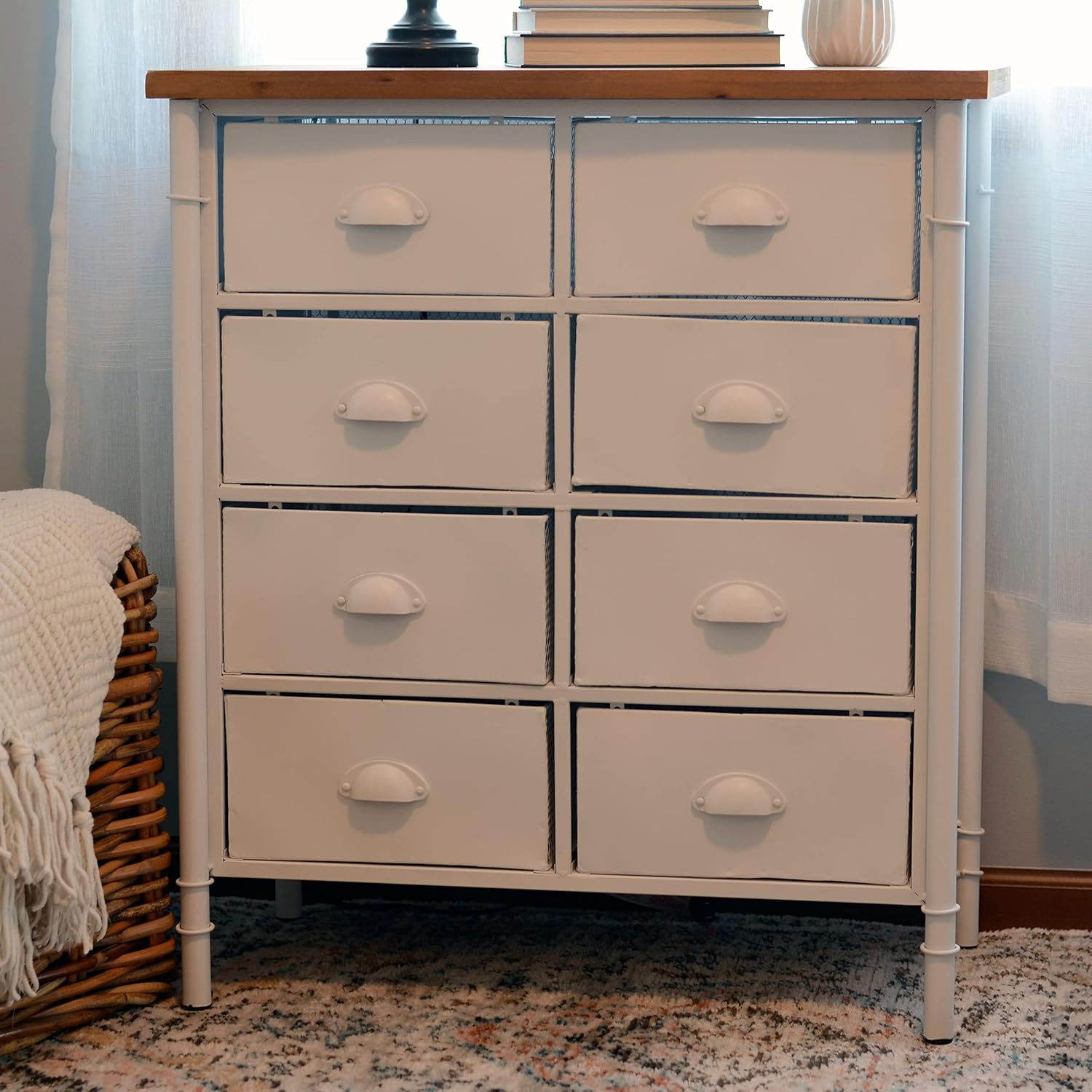 White 8 Drawer Accent Cabinet with Solid Wood Top and Metal Mesh Detailing H581