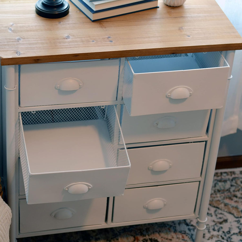 White 8 Drawer Accent Cabinet with Solid Wood Top and Metal Mesh Detailing H581